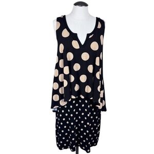 Maeve Women's Polka Dot Layered Dress Black Tan V‎ Neck Sleeveless Midi Large
